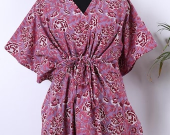 Orchid Pink & Red Floral Block Print in Pure Cotton Summer Kaftan| Block Print | Beach Coverup| Comfy Maternity Dress Maxi