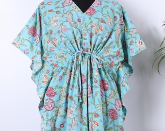 Sky Blue & Red with Stylized Floral Pattern in Pure Cotton Summer Kaftan| Block Print | Beach Coverup| Comfy Maternity Dress Maxi