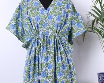 Sky Blue & Green with Floral Pattern in Pure Cotton Summer Kaftan| Block Print | Beach Coverup| Comfy Maternity Dress Maxi