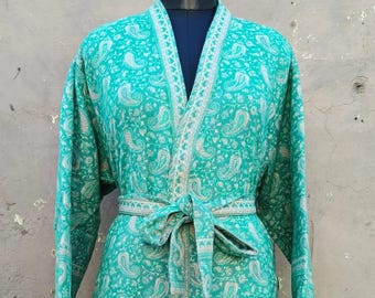 XXL Unisex Handmade Yak Wool Mix Kimono House Lounge Robe | Blue & Beige Floral Paisley|  Warm Designer Winter Robe | Gift