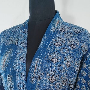 Bagru Print Cotton Kantha Kimono Short Jacket with Tie Belt for Women in Indigo Blue & Green | Outdoor Kantha Jacket | Handmade Fashion