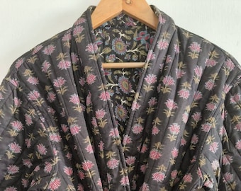 Quilted Luxury Black & Pink Floral Handblock Cotton Long Reversible Kimono Jacket Unisex Robe Handmade