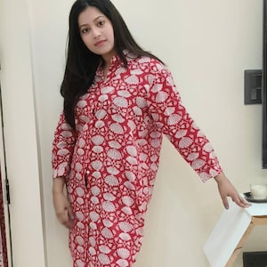 Relaxed Fit Cotton Handblocked Summer Shirt Dress with Side Pockets in Red & White Floral Garden