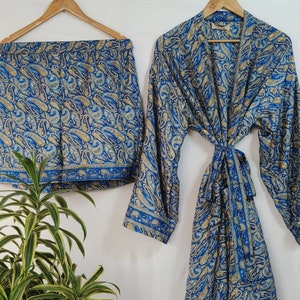 Unisex Regal Surplus Seidenmischung Kimono Hausrobe | Unisex Loungewear Robe | Blau & Beige Paisley Print | Perfektes Geschenk für Sie und Ihn
