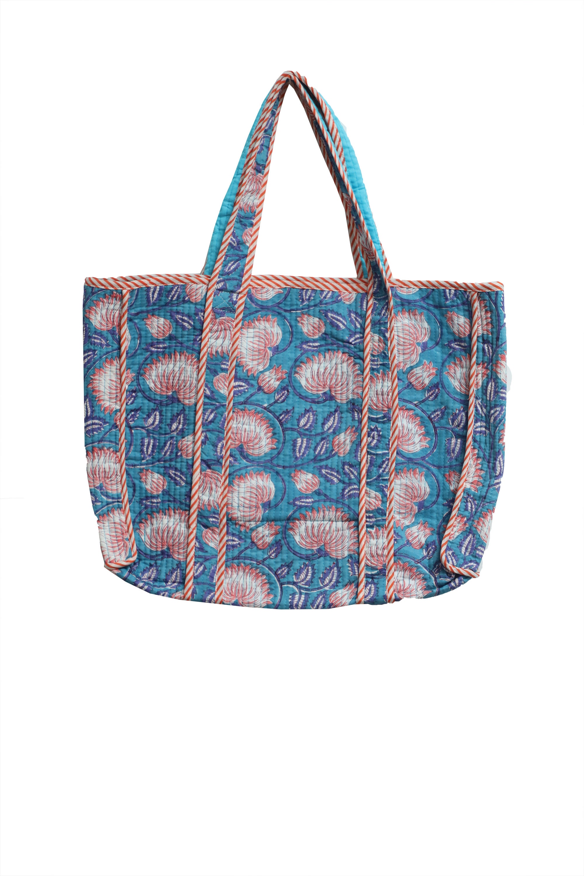 QURA Printed Kantha Patchwork Tote Bag For Women (Blue, OS)