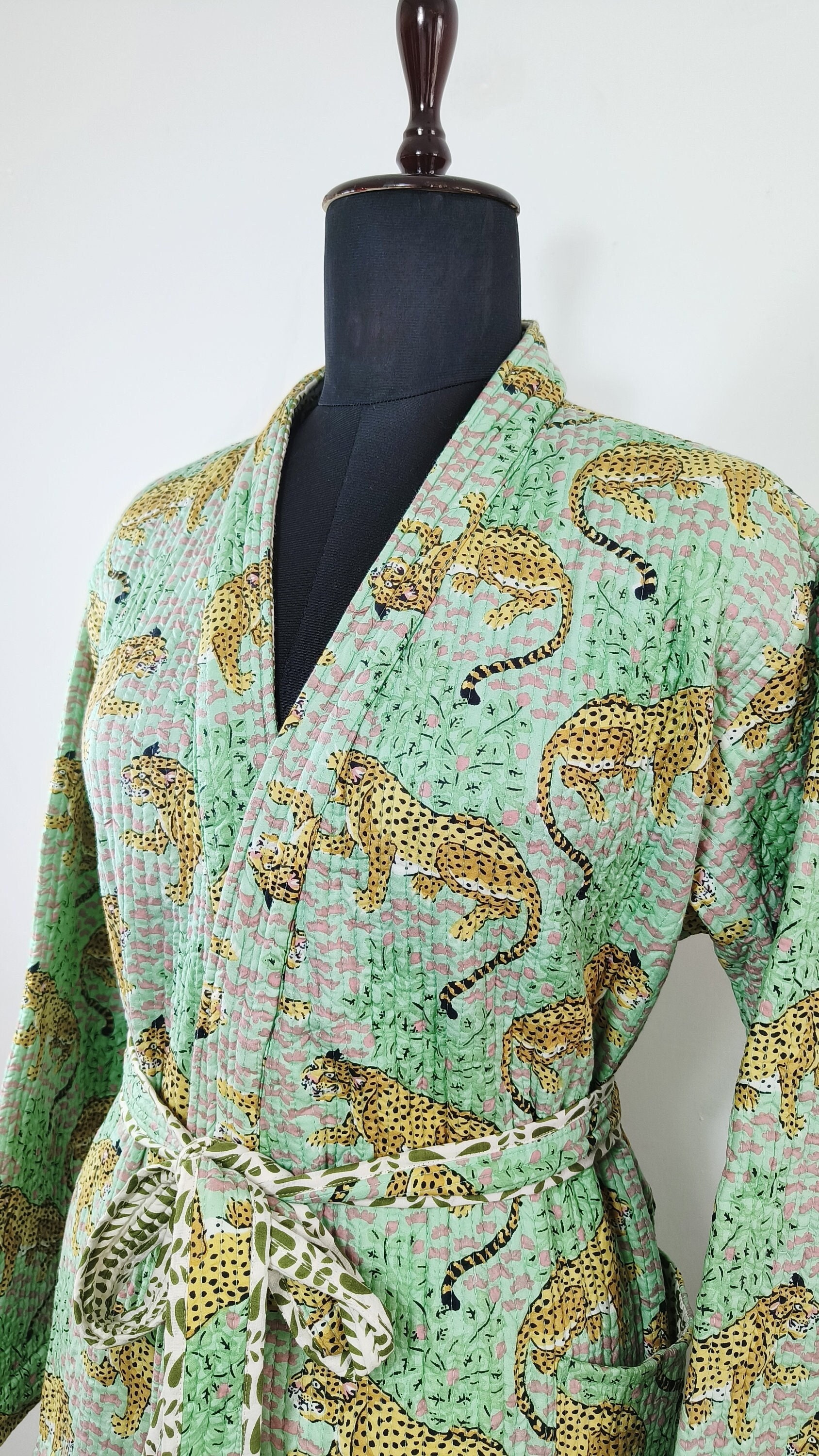 Quilted Luxury Jungle Safari Print in Blue Cotton Long Reversible Kimono Jacket | Unisex Robe | Handmade Winter Kimono Robe Jacket