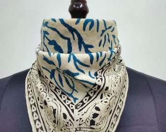 Hand Block Printed Cotton Bandana | Natural Print Scarf | Blue & Black Border Ethnic Headwrap or Neck Scarf