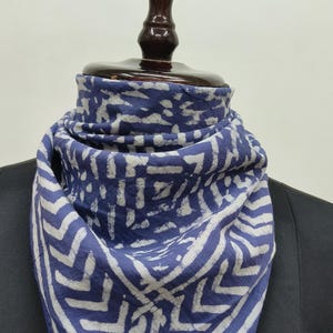 Hand Block Printed Cotton Bandana | Interlocking Squares pattern Scarf | Indigo Blue & off-white Ethnic Headwrap or Neck Scarf | Handcrafted