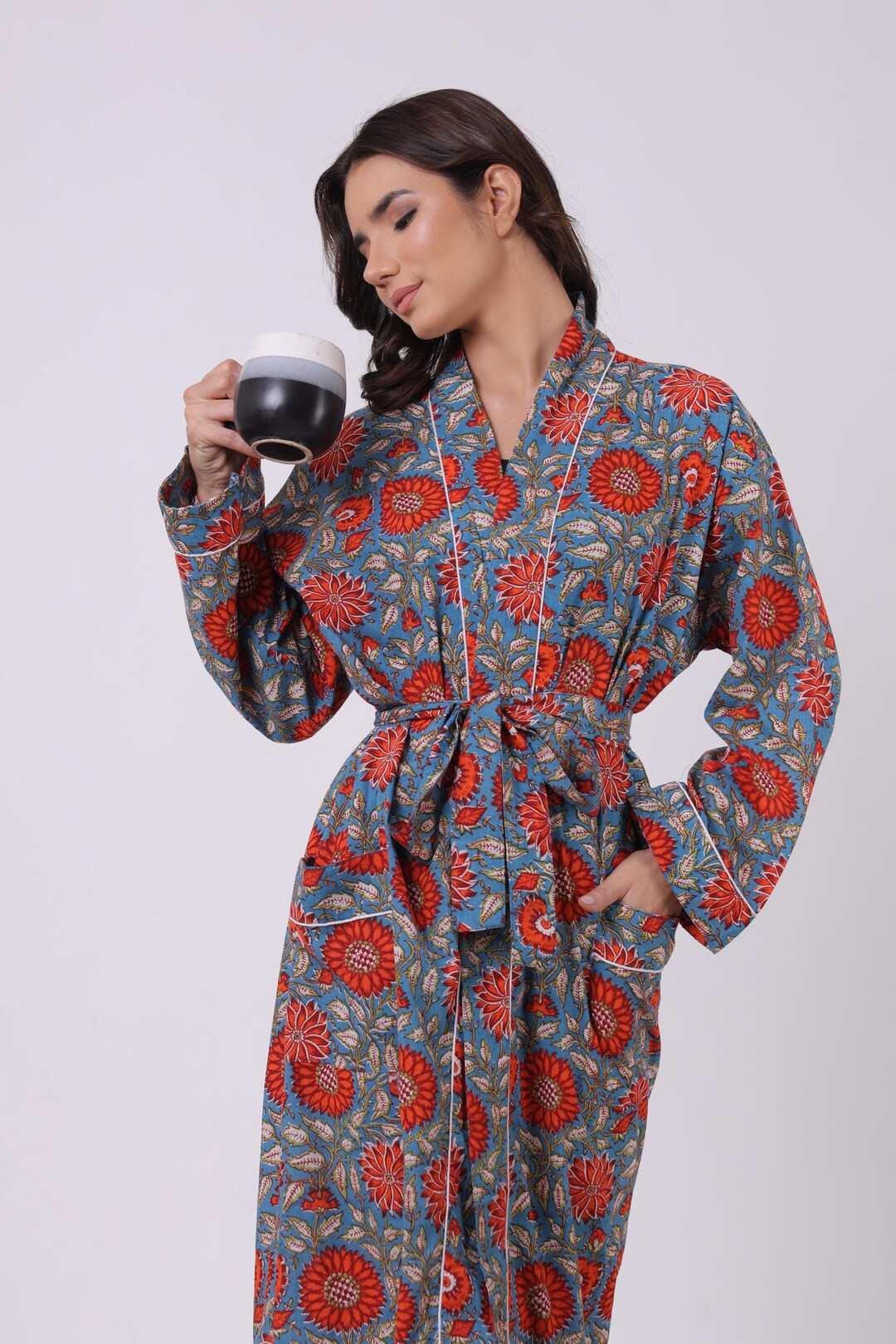 Handprinted Pure Cotton House Robe | Kimono Robe | Blue Red Floral ...