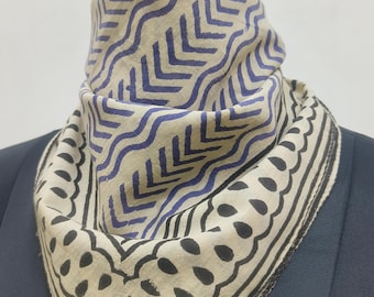 Hand Block Printed Cotton Bandana | Geometric Print Scarf | Blue & Black Border Ethnic Headwrap or Neck Scarf