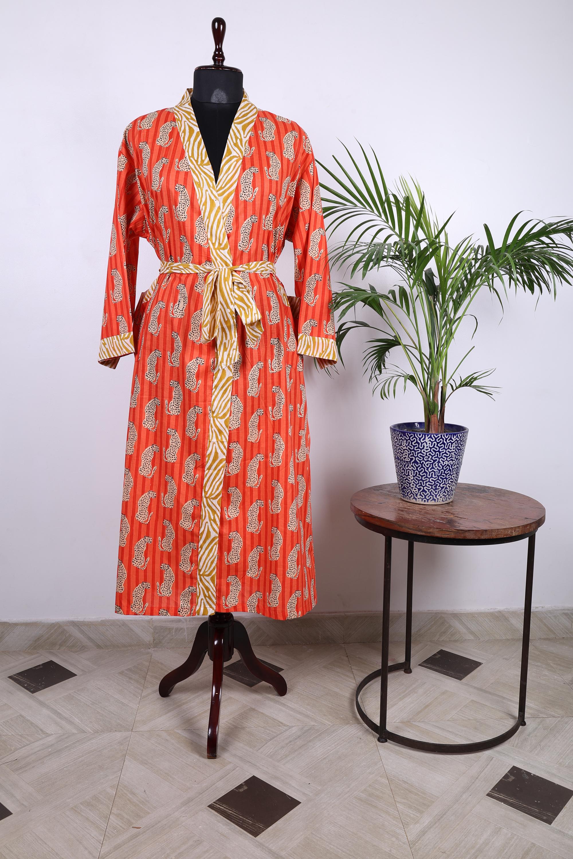 Unisex Pure Cotton Kimono in Orange with Cheetah Block Print with Bag Houserobe Bath Robe Long Jacket Handmade
