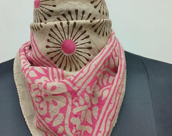 Hand Block Printed Cotton Bandana | Geometrical Circular Floral Mofits Scarf | Pink & Beige Ethnic Headwrap or Neck Scarf