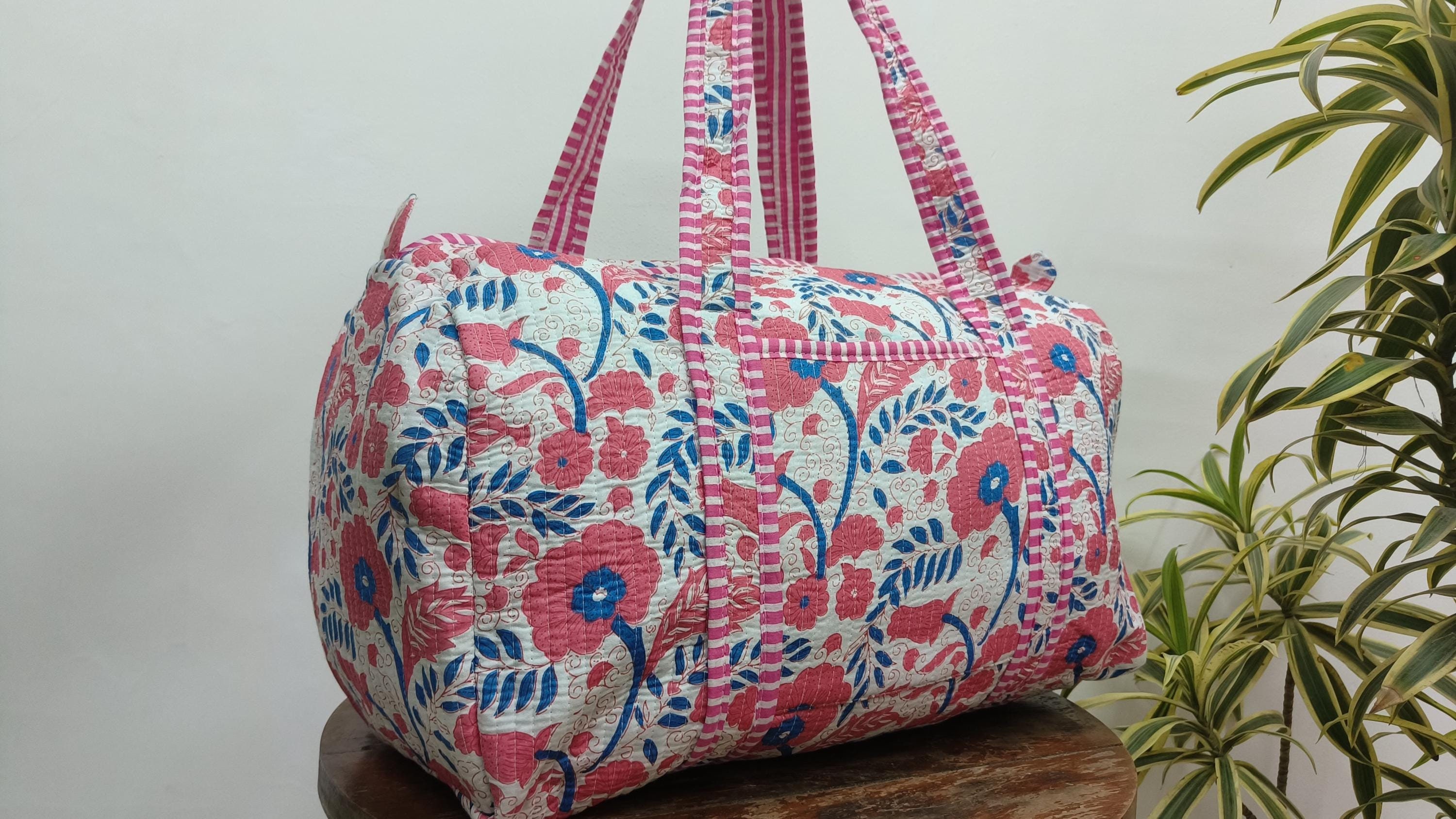 Handmade Blockprinted Quilted Cotton Duffle Bag in White & Bright