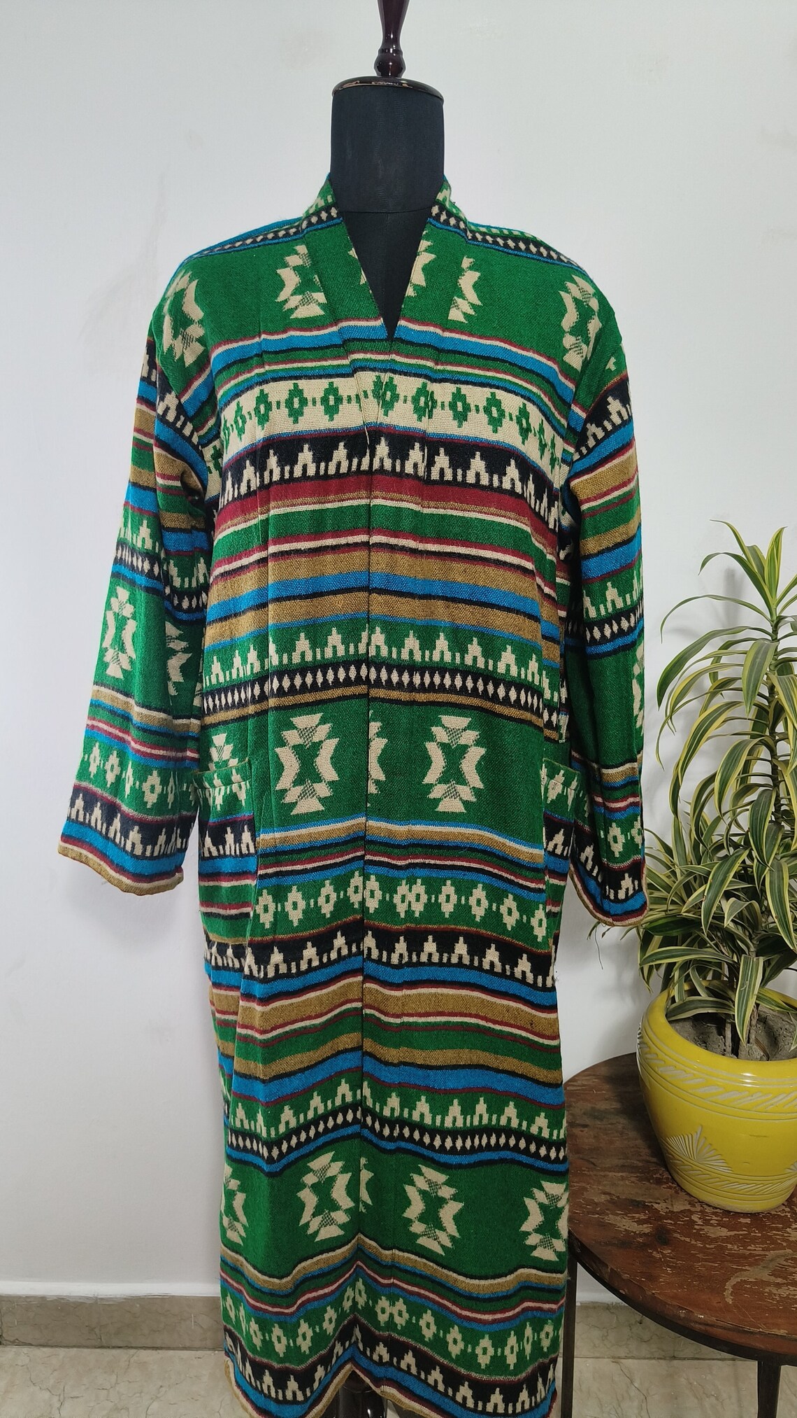 Unisex House Lounge Robe in Yak Wool Blend | Green, Beige & Red Ikat ...