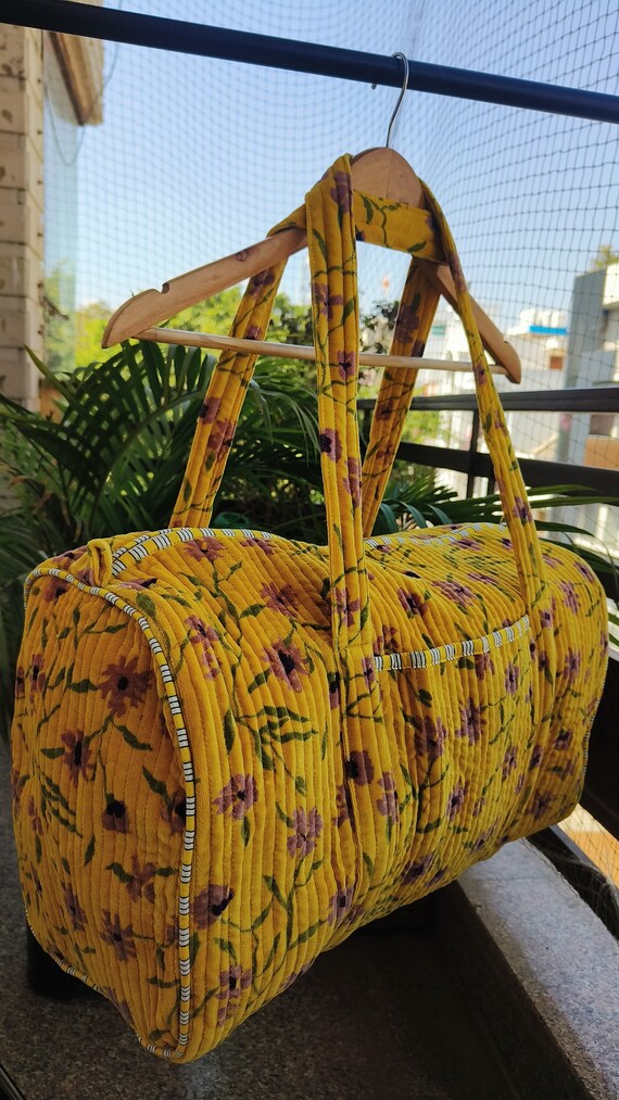 Handmade Quilted Velvet Cotton Duffle Bag in Yellow Lilac Floral Print Handprint Yoga Shoulder Bag Sustainable Velvet Duffle Bag Etsy New Zealand