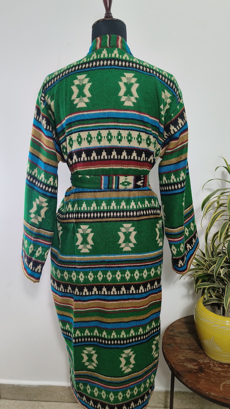 Long Aztec Robe Unisex House Lounge Robe in Yak Wool Blend | Green, Beige & Red Ikat ...