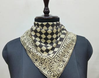 Hand Block Printed Cotton Bandana | Checkerboard Print Scarf | Black & Beige Ethnic Headwrap or Neck Scarf