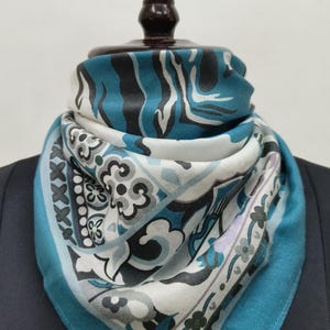 Classic Silk Blend Bandana | Abstract Design Print Scarf | Blue & Beige Ethnic Headwrap or Neck Scarf