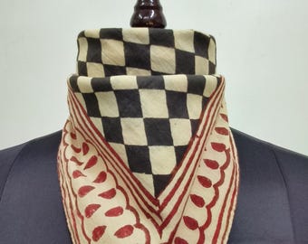 Hand Block Printed Cotton Bandana | Black Checks & Red Border | Geometrical pattern Scarf | Ethnic Headwrap or Neck Scarf
