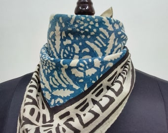 Hand Block Printed Cotton Bandana | Blue & Black Border | Geometrical pattern Scarf | Ethnic Headwrap or Neck Scarf