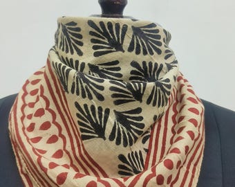 Hand Block Printed Cotton Bandana | Leaf pattern Scarf | Black and Red Border Ethnic Headwrap or Neck Scarf | Handcrafted