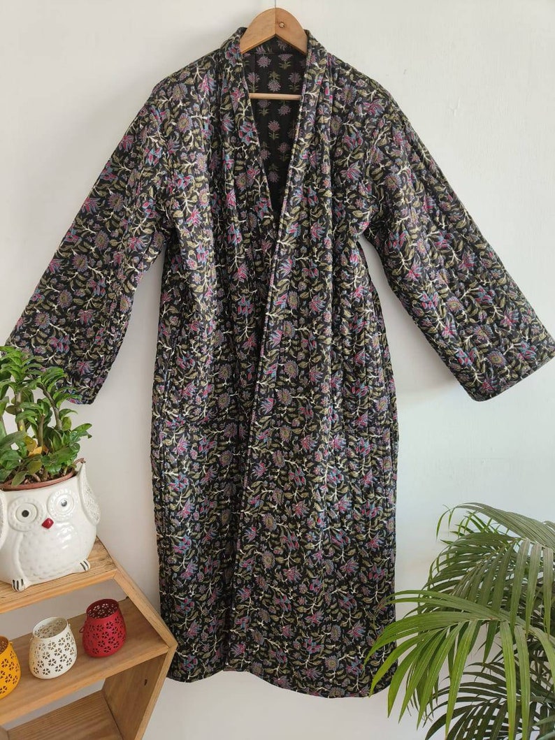 Quilted Luxury Black & Pink Floral Handblock Cotton Long Reversible