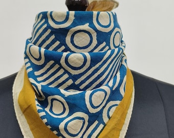 Hand Block Printed Cotton Bandana | Geometrical pattern Scarf | Blue Ethnic Headwrap or Neck Scarf