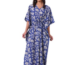 Indigo Blue & White Floral Print Bloom Garden in Pure Cotton Summer Kaftan | Indian Block Print | Beach Coverup | Comfy Maternity Dress Maxi