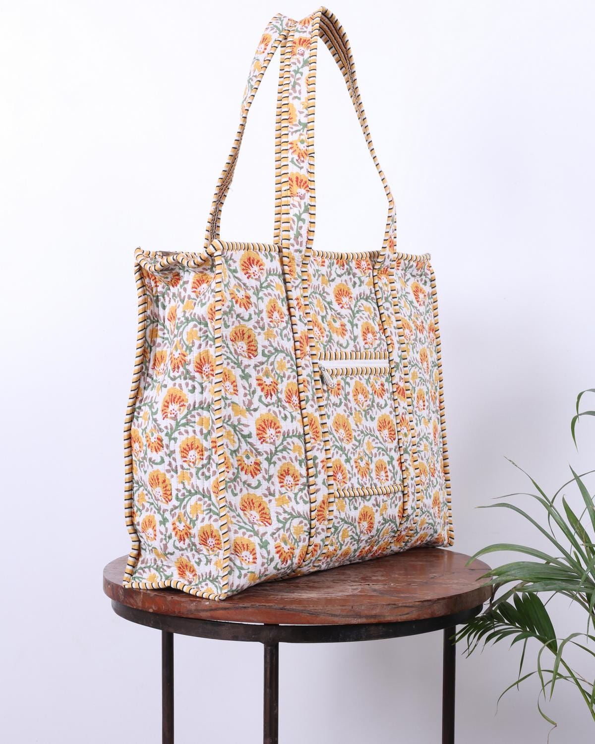 Handprinted Brown & White Floral Print Quilted Cotton Zipped Tote