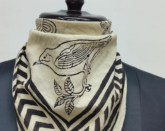 Hand Block Printed Cotton Bandana | Bird Pattern Scarf | Beige & Black Ethnic Headwrap or Neck Scarf
