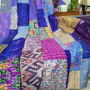 Patola Silk Patchwork Kantha Quilt Bed Cover in Blue | Kantha Quilt King Size | Handmade Bedding | Sofa Throw | Patchwork Kantha Bedspread