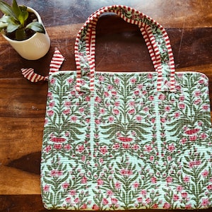 15&quot;-16&quot; Laptop Protector Bag in Sea Blue & Green Floral Print| 100% Pure Cotton Quilted Laptop Case | Fit for Laptop, or Macbook | Handmade