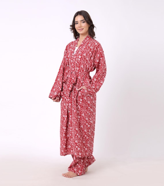 Handprinted Pure Cotton House Robe | Kimono Robe | Red White Floral | Cotton Dressing Gown | Womens Dressing Gown | BeachCoverup Maternity