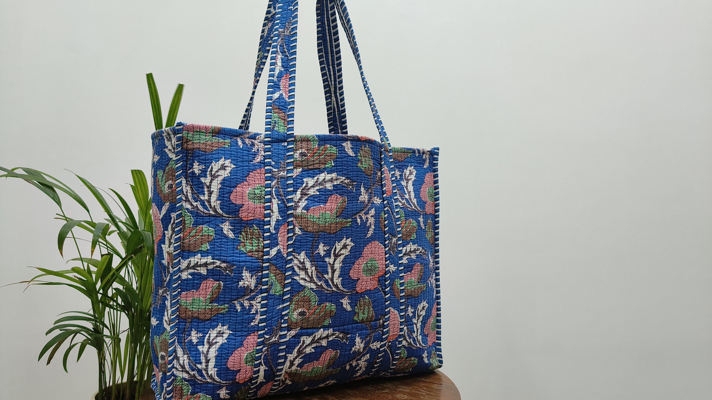Handmade Block Print Quilted Tote With Inside Pocket Cotton