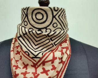 Hand Block Printed Cotton Bandana | Geometrical pattern Scarf | Black and Red Border Ethnic Headwrap or Neck Scarf | Handcrafted