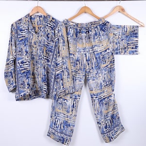 Luxurious Navy Blue & Beige Silk Blend Pajamas | Abstract Print | Soft Cozy Breathable Night Suit | Side Pockets and Travel Bag | Loungewear