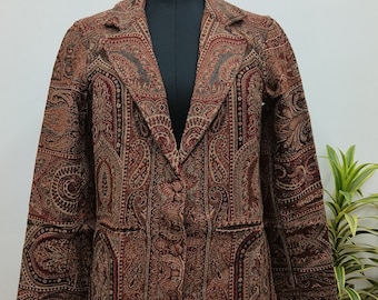 Pure Wool Collared Long OverCoat with Front Pockets | Women's Overlay Overcoat | Handmade | Brown & Beige Bold Paisley Print | Festive Gift