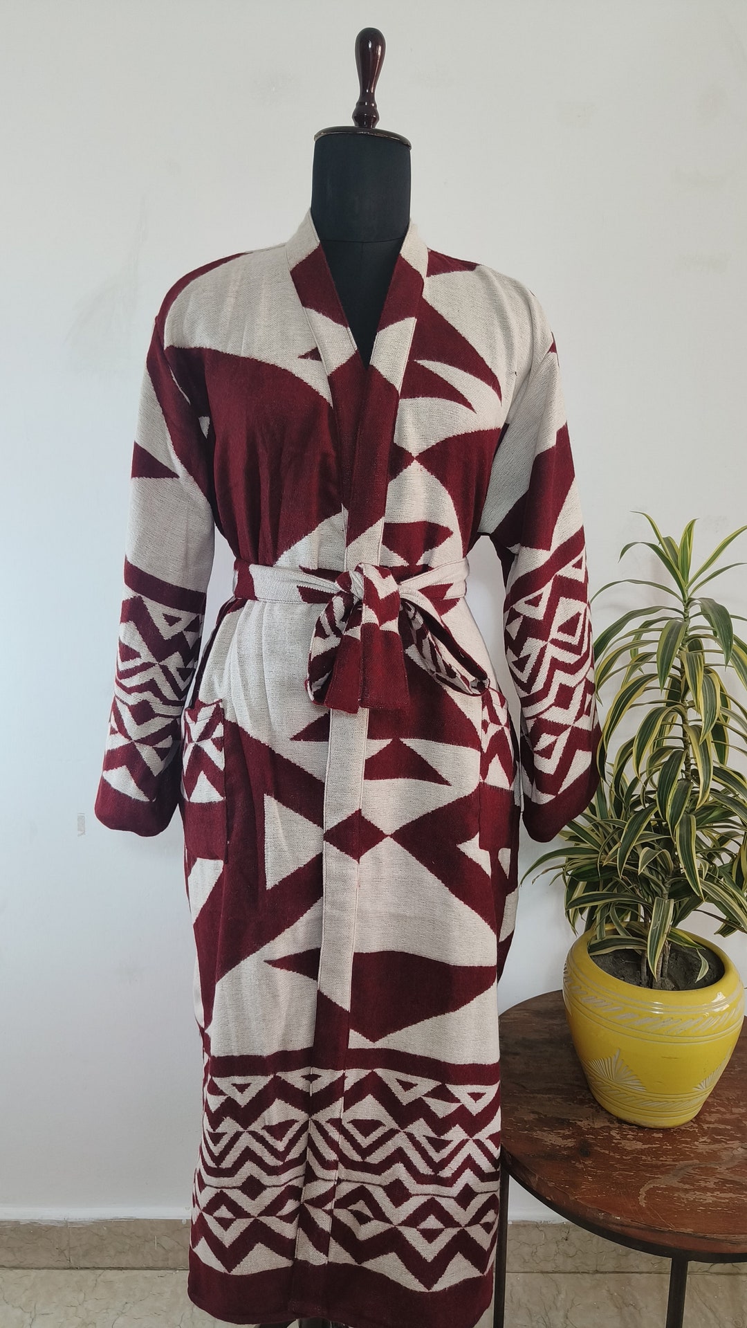 Unisex House Lounge Robe in Yak Wool Blend | White & Maroon Red Ikat ...