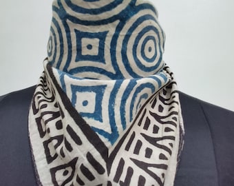 Hand Block Printed Cotton Bandana | Geometric Print Scarf | Blue & Black Border Ethnic Headwrap or Neck Scarf