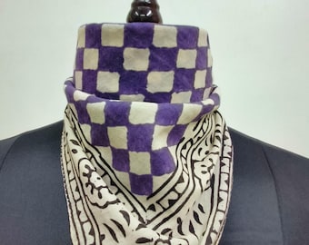 Hand Block Printed Cotton Bandana | Geometric Print Scarf | Purple & Black Border Ethnic Headwrap or Neck Scarf