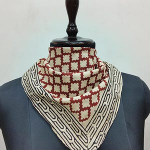 Hand Block Printed Cotton Bandana | Geometrical Print Scarf | Terracotta Red & Beige Ethnic Headwrap or Neck Scarf