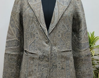 Pure Wool Collared Long OverCoat with Front Pockets | Women's Overlay Overcoat | Handmade | Beige & Grey Bold Paisley Print | Festive Gift