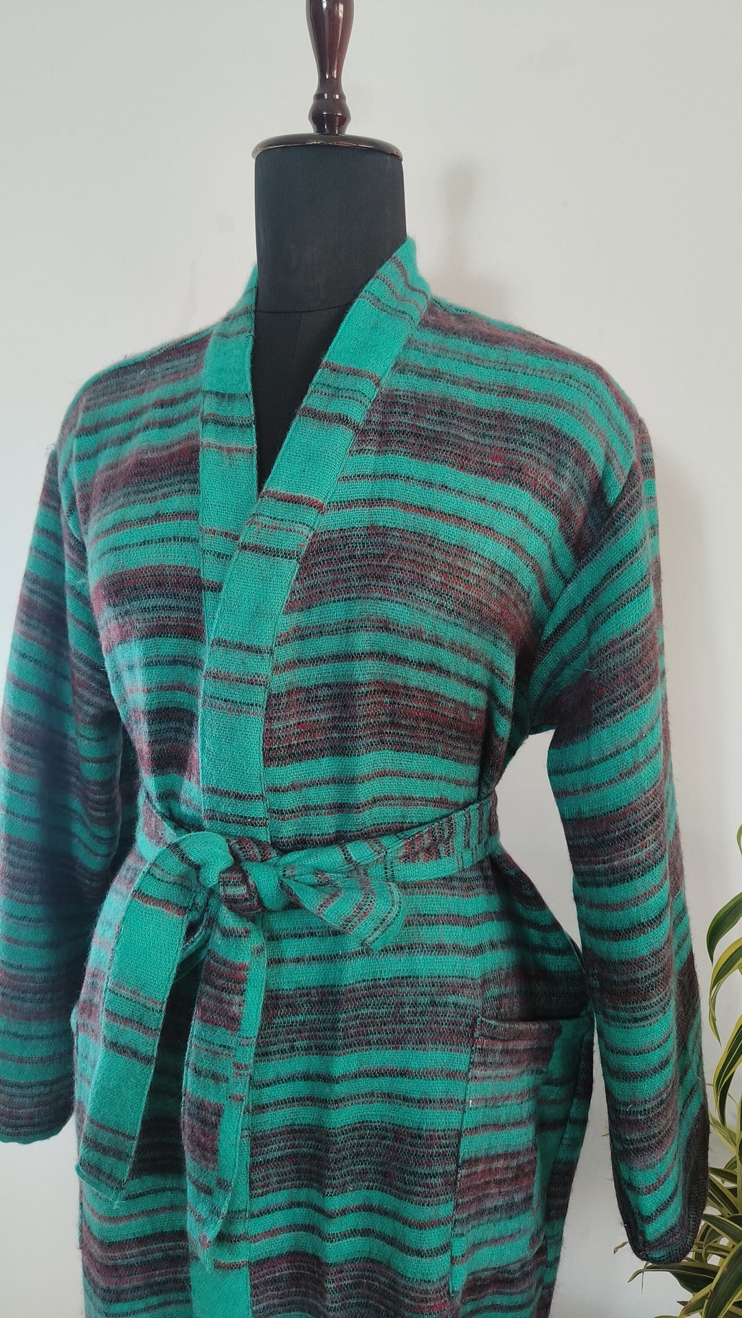 Unisex House Lounge Robe in Yak Wool Blend | Turquoise Blue & Brown ...
