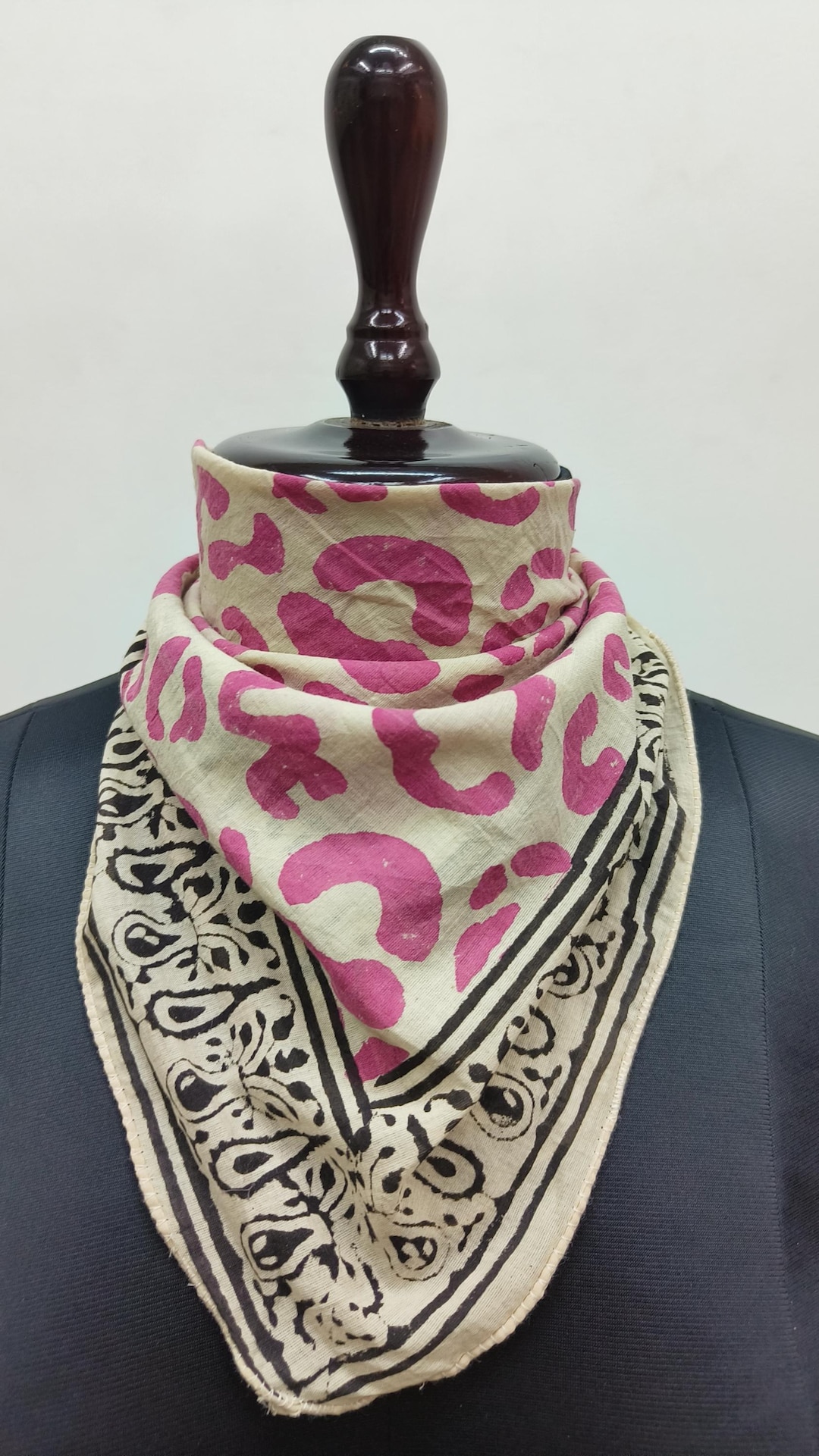 Hand block printed cotton bandana with abstract print scarf in pink and black
