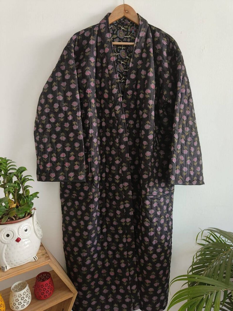 Quilted Luxury Black & Pink Floral Handblock Cotton Long Reversible