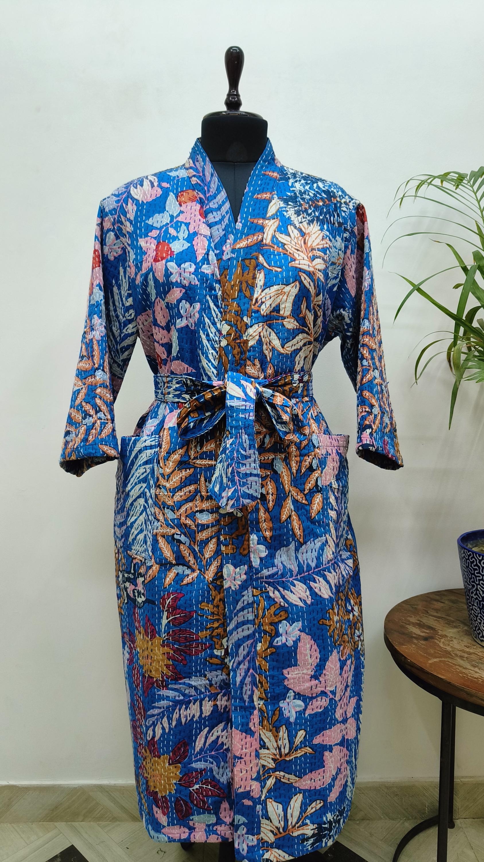 ユニセックスカンタ純綿着物 | 心地よいエレクトリックブルー＆ピンク