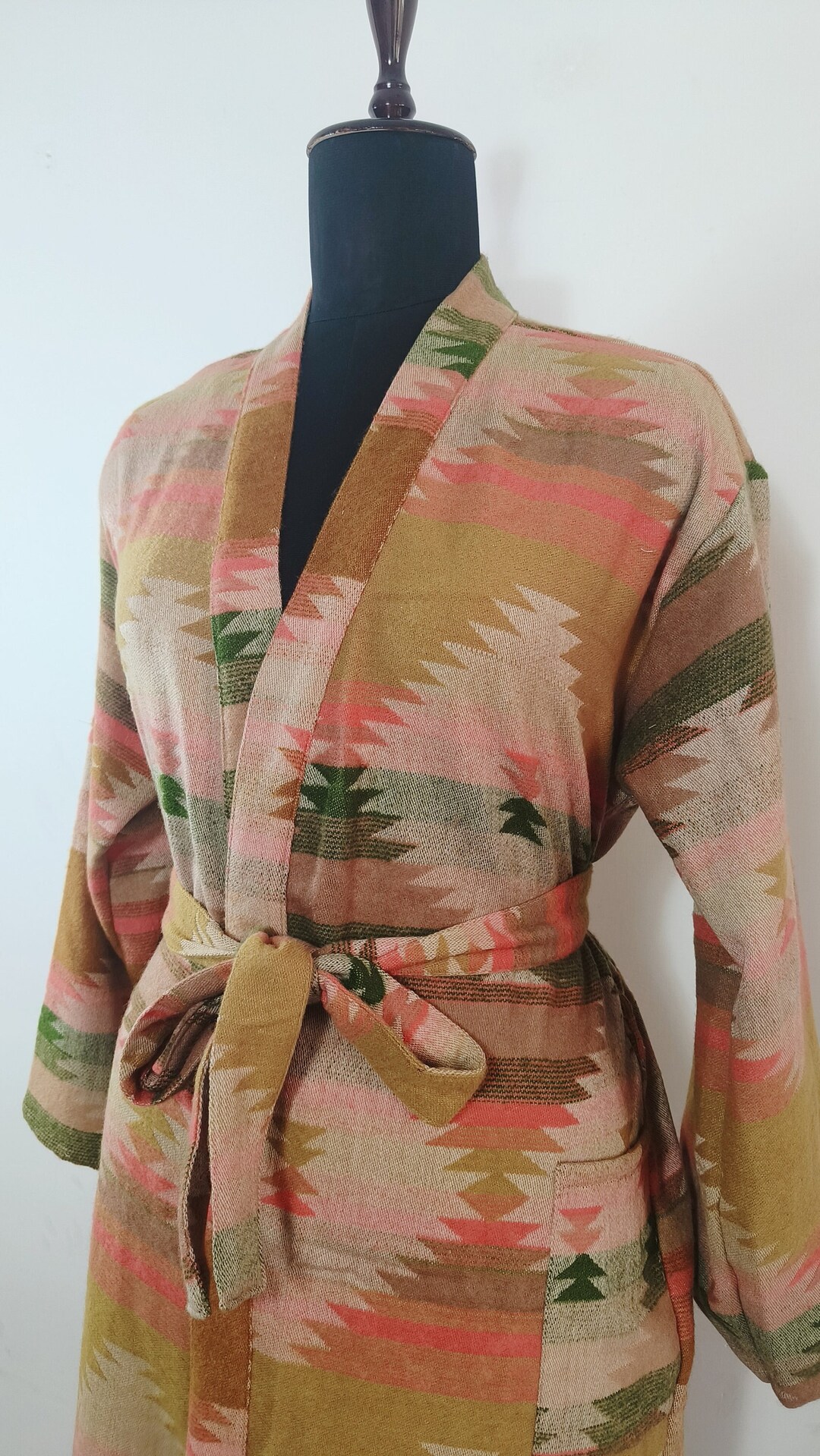 Unisex House Lounge Robe in Wool Blend Beige, Pink & Brown Ikat Print