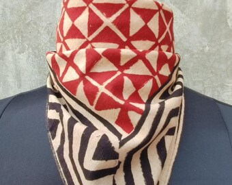 Hand Block Printed Cotton Bandana | Geometric Print Scarf | Red & Beige Ethnic Headwrap or Neck Scarf