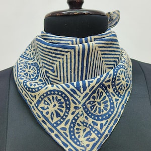 Hand Block Printed Cotton Bandana | Geometric Print Scarf |  Blue & Beige Ethnic Headwrap or Neck Scarf