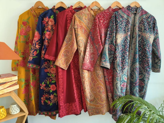 Wool Blend Chinese Collar Jacket in Bright Red With Multi Colour  